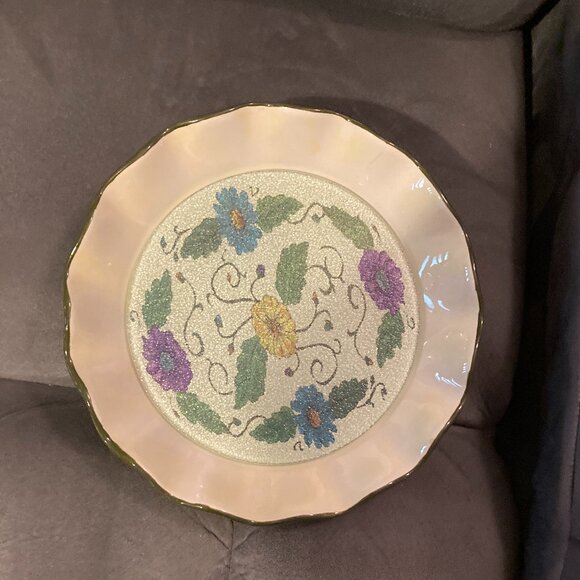 TEMPTATIONS-SPRING BLOOMS 10" FLUTED PIE/BAKING DISH & 7.5" GLASS TRIVET-VGUC - Picture 5 of 14